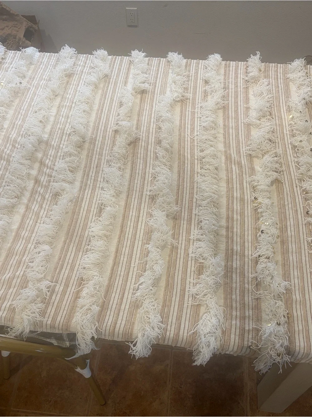 Anthropologie Neutral Beige Striped Fringe Throw